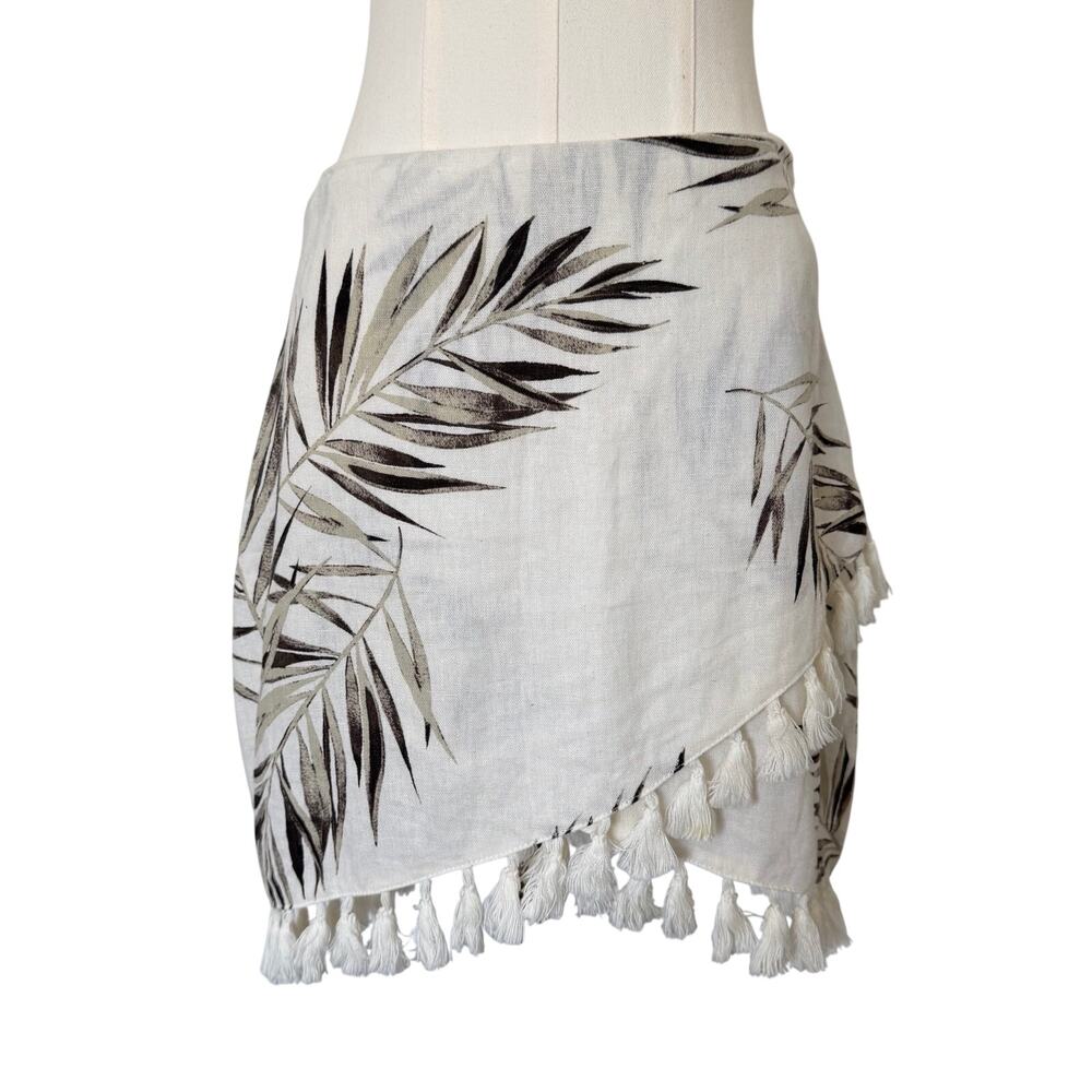 Fate (S) Linen Blend Tropical Palm Print Wrap Mini Skirt Tassel Boho Resort